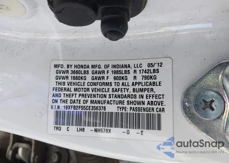 2012 Honda Civic Lx from USA, damaged, VIN 19XFB2F55CE356376